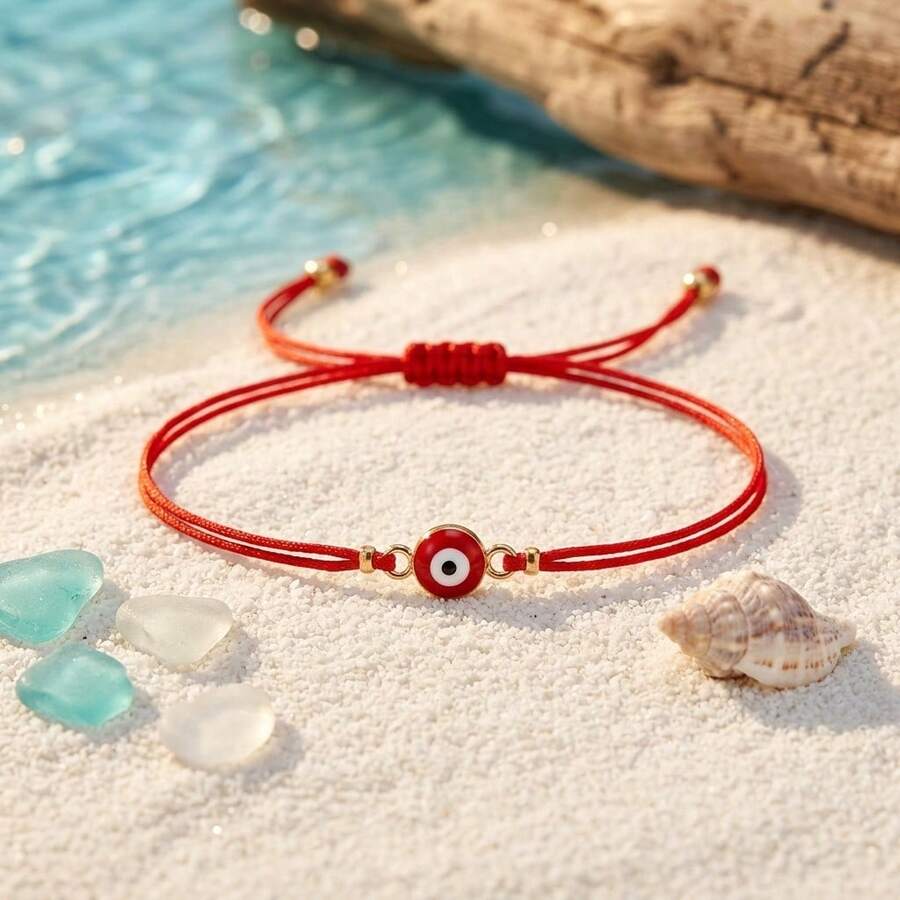 1pc Summer Boho Copper Bead Bracelet, Evil Eye Bracelet, Golden Bead Bracelet, Adjustable Red Bracelet, Red Woven Bracelet, Stackable Bracelet, Friend Gift, Bestie Bracelet, Birthday Gift, Family Gift, Valentine's Day Gift, Christmas Gift, Anniversary Gift