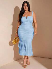 Vestido midi ajustado con cuello en V, volantes y pliegues para mujer de talla grande, vestido de fiesta para vacaciones - Verde - Ver 10