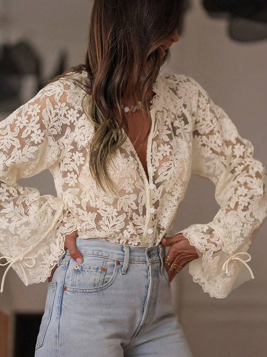 ii Women's Elegant Embroidered Lace Sheer Blouse Spring