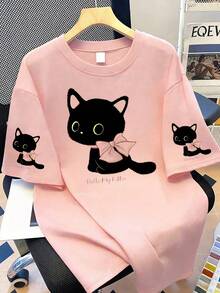 可爱黑猫蝴蝶结印花圆领T恤，大码女式休闲简约夏季上衣，短袖印花，适合日常穿着、海滩度假等场合，粉色 - 粉色 - 查看 4