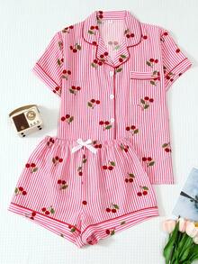 2pcs Comfortable Pink & White Striped Cherry Print Short Sleeve Collar Top And Bow Shorts Pajama Set For Women, Spring/Summer - Pink - View 1