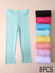 8pcs/Set Classic Versatile Candy Color Girls Ankle Length Leggings, Solid Color Girls Tight Pants Tights, Suitable For Daily Wear, All Seasons - Multicolor - View 2