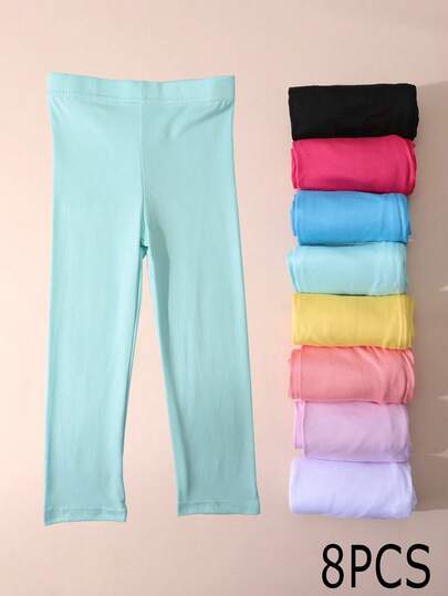 Bộ 8 chiếc quần legging dài đến mắt cá chân màu kẹo ngọt cổ điển, đa năng cho bé gái, quần bó màu trơn, phù hợp mặc hàng ngày, mọi mùa.