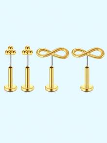 4件套可爱耳环耳钉唇钉美杜莎耳钉不锈钢鼻钉心形、蝴蝶、花朵锆石多款耳骨、耳屏、耳廓、耳垂耳环男女通用耳唇鼻穿孔饰品低过敏性无螺纹设计按压式，日常佩戴节日生日精美礼物 - 銀色/金色 - 查看 19