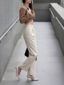 DONICY Casual Versatile Commute Solid Color Long Pants - Apricot - View 8