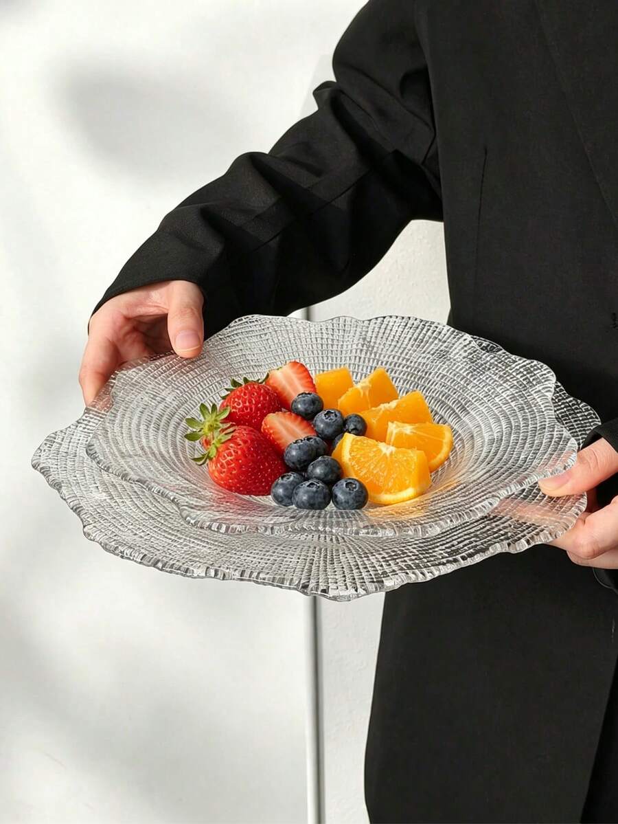 1 pièce Assiette à fruits en verre créative, plateau à fruits de style Ins de haute qualité, assiette à dessert pour thé de l'après-midi raffinée, plat de luxe pour collations, bonbons et noix pour le salon, la salle à manger, le café, la pâtisserie, le mariage, la fête, l'anniversaire - Transparent - Voir 1