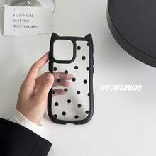 Ốp điện thoại hình tai mèo dễ thương với họa tiết chấm bi đen, viền đen mờ và mặt lưng trong suốt, chống sốc và chống rơi vỡ, thiết kế tối giản cho iPhone 17 16 15 14 13 Pro Max - màu đen - Xem 2
