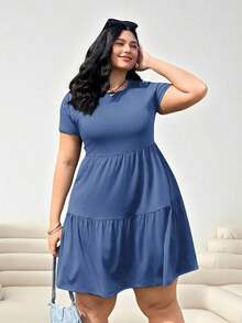 Solflare Vestido casual minimalista de fiesta y salida para mujer de talla grande, de unicolor, cuello redondo y plisado - Niebla azul - Ver 3