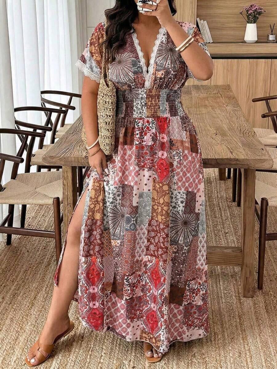 Weeklong Vestido de mujer talla grande con cuello en V profundo y estampado aleatorio - Multicolor 6 - Ver 1