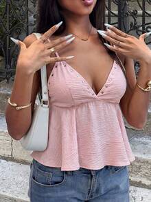 SOLTRB New Summer Pink Sweet Girl Style Rivet Patchwork Deep V-Neck Crisscross Waist Camisole Top - Pink - View 3