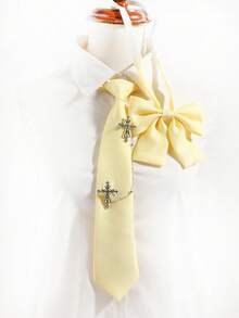 2pcs Academic Style Tie & Matching Tie Clip Set, Detachable Cross Pendant Chain, Suitable For Uniforms, Cosplay And Daily Outfits,Graduation Outfit,Disco - Solid Color Cross Set - View 1
