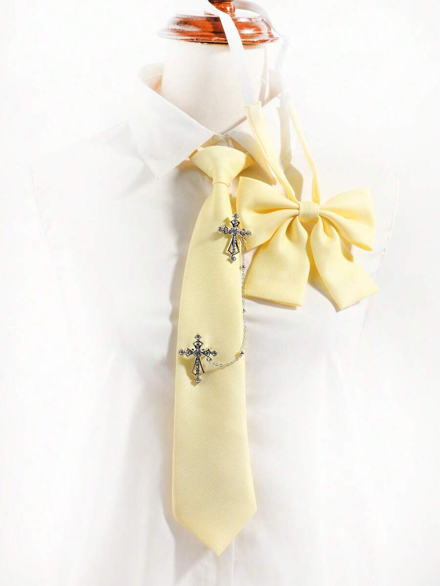 2pcs Academic Style Tie & Matching Tie Clip Set, Detachable Cross Pendant Chain, Suitable For Uniforms, Cosplay And Daily Outfits,Graduation Outfit,Disco - Solid Color Cross Set - View 1
