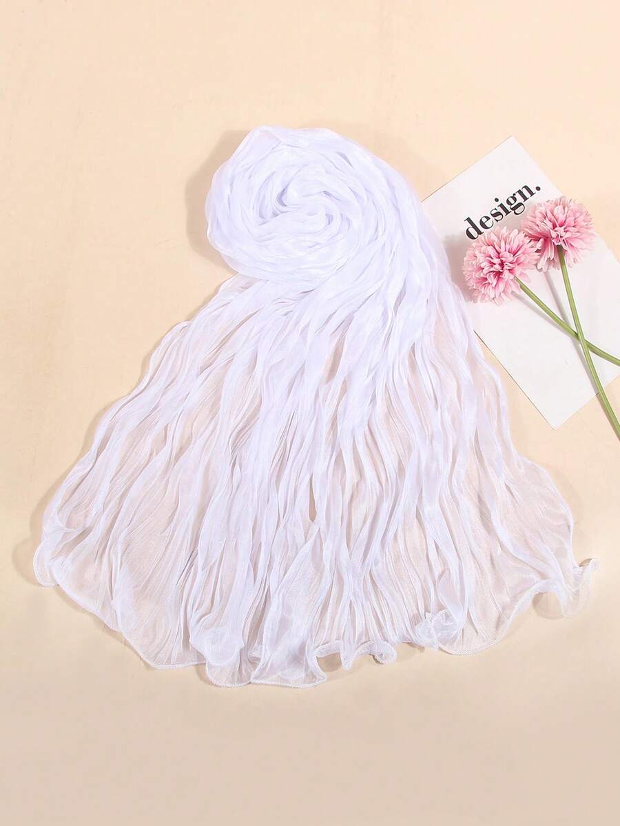 1pc Women's Lightweight Solid Color Ruffle Edge Crinkle Scarf, Fashionable Casual Accessory Suitable For Daily Wear, Beach, Travel, Sun Protection - White - View 1