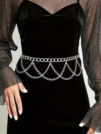 1 pieza Cadena para el Body de mujer de diseño exclusivo con capas onduladas de metal plateado y flecos, adecuada para desfiles, vacaciones, fiestas