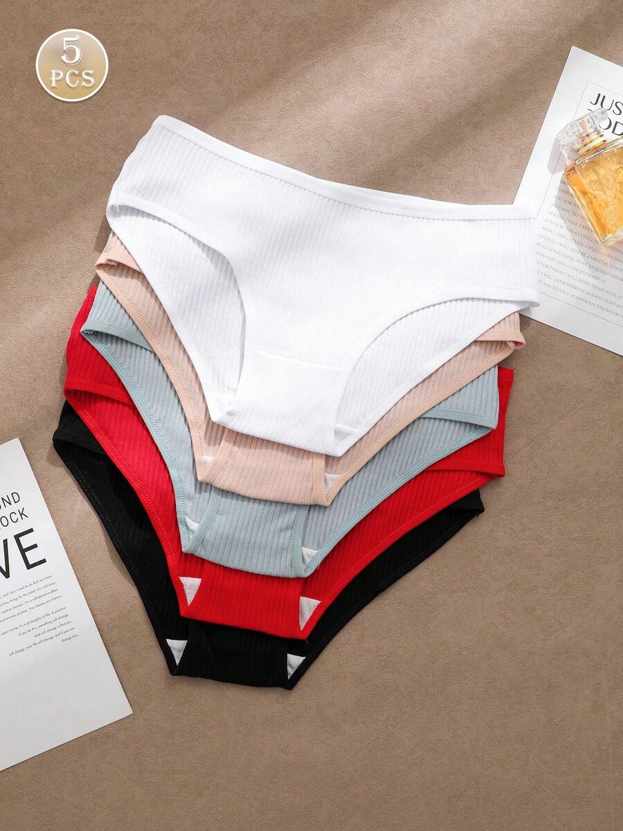 5 piezas Bragas de mujer de alta elasticidad acanaladas, diseño de letras de unicolor de talle bajo, ropa interior cómoda y ajustada para damas