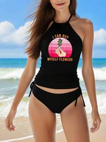 Women'S I Can Buy Myself Flowers Halter Neck Two-Piece Tankini Swimsuit, High-Stretch Pink White Print Beachwear - 黑色 - 查看 4