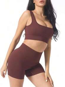 Workout Sets For Women 2 Piece Seamless Ribbed Crop Tank High Waist Shorts Yoga Outfits - Coffee Brown - View 2
