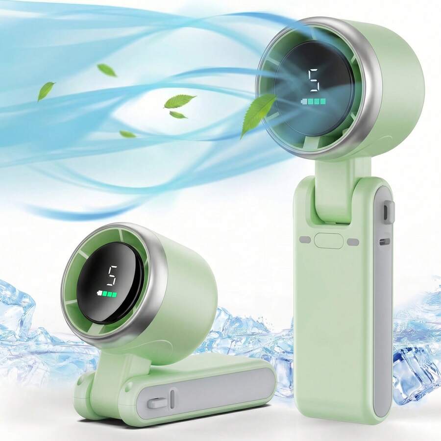 Portable Handheld Turbo Fan, 5000mAh Battery Operated, Up To 12 Working Hours, 5 Gear Wind, LED Display, 180-Degree Foldable, 3-In-1 Hand Fan, Rechargeable Stylish Fan With Air-Turbo-Tech Cooling For Outdoor Activities, Travel, Work&Beach Trip Essentials(Green) - 綠色 - 查看 1