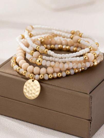 5pcs Bohemian Elegant Woven Elastic Glass Beaded Bracelets Set (Handmade Beads Count, Size, And Placement Are Random)