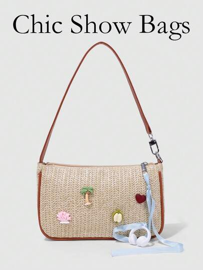Bolso de paja de verano para mujer, bolso de hombro casual de playa con decoración 3D de árbol de coco/corazón/coral