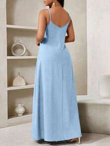 Lady Vestido de verano casual de tirantes finos con estampado de cuadros, vestido de playa, vestido de fiesta, vestido de invitada de boda para mujer, vestido de festival de verano - Azul - Ver 2