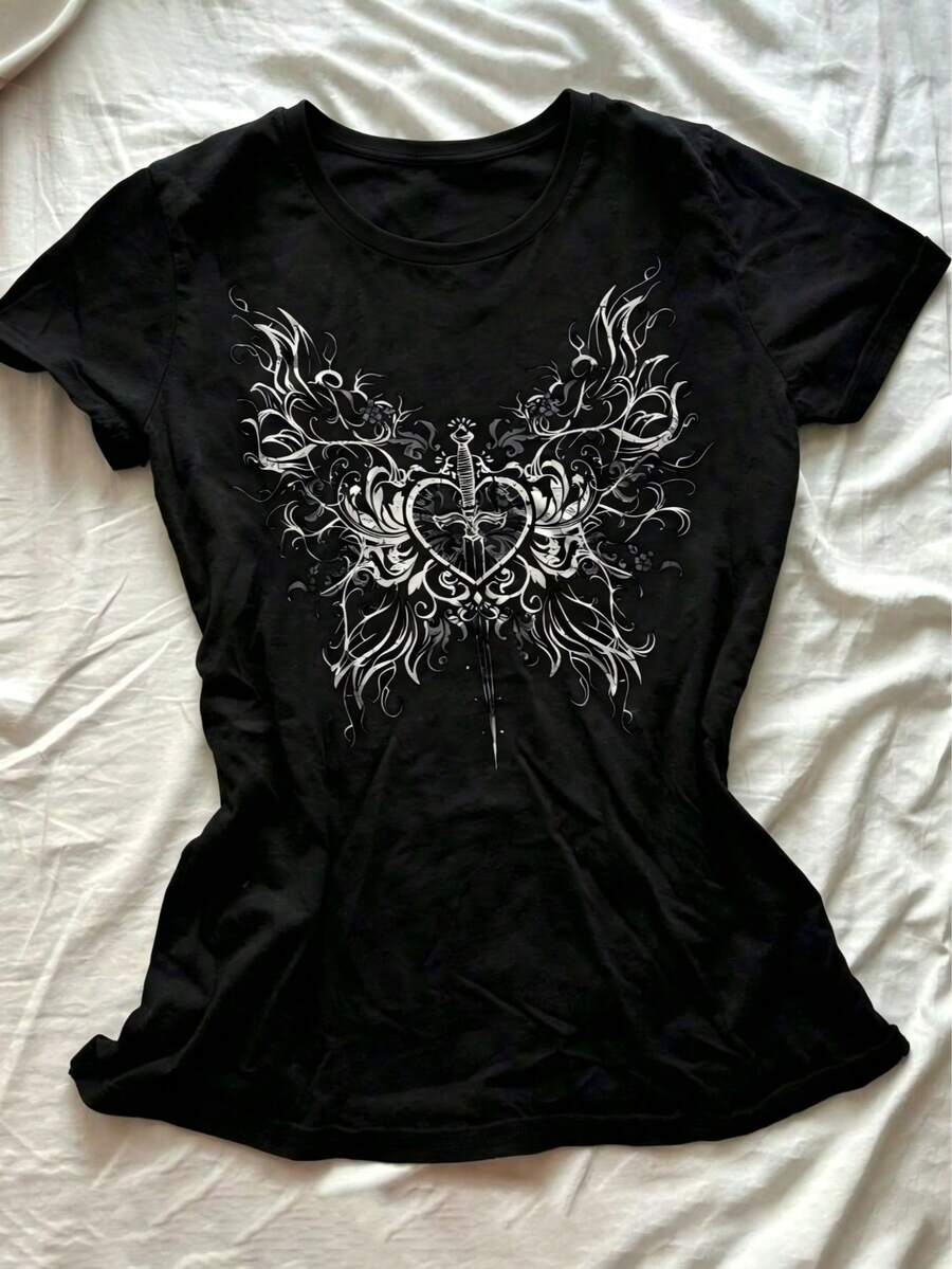 Women's Gothic-Style Wing Print Y2K Round Neck Short-Sleeved Flat Heat Transfer Printed T-Shirt, Suitable For Parties, Gatherings, Holiday Gifts, And All Seasons. - Đen 1 - Xem 1