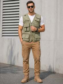 男士户外多功能背心 - 多口袋战术钓鱼徒步旅行无袖夹克，加大码轻便摄影背心，休闲夏季网眼多口袋运动背心 - 卡其色 - 查看 3