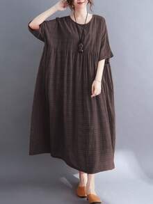 Summer 2026 Striped Dress, Women's Bohemian Casual Beach Vacation Dress. This Loose-Fitting A-Line Dress Features A Round Neck And Batwing Sleeves. - 棕色 - 查看 3