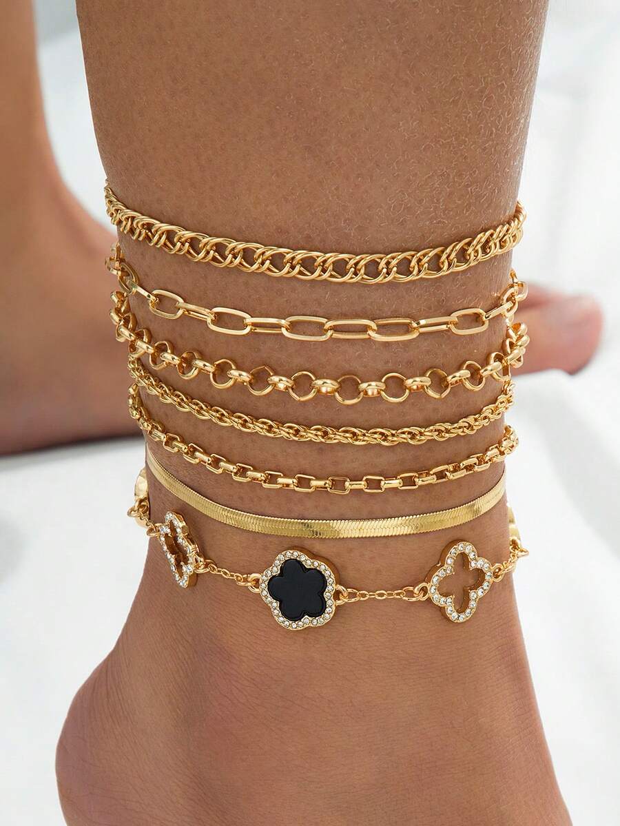 Juego de 7 piezas de pulseras de tobillo de estilo de vacaciones de verano con diseños de cadena versátiles y clásicos, trébol hueco brillante dorado y trébol de cinco hojas negro dulce para mujeres - Negro - Ver 1