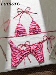 Bộ bikini 3 món mới năm 2026, kiểu dáng thường ngày, gợi cảm, in hình cá, gồm 1 áo quây cổ yếm và 2 quần bơi cạp cao buộc dây bên hông, chất liệu co giãn vừa phải, thích hợp cho kỳ nghỉ, bãi biển, các hoạt động bên hồ bơi, tiệc bãi biển, mùa hè. - Nhiều màu - Xem 1