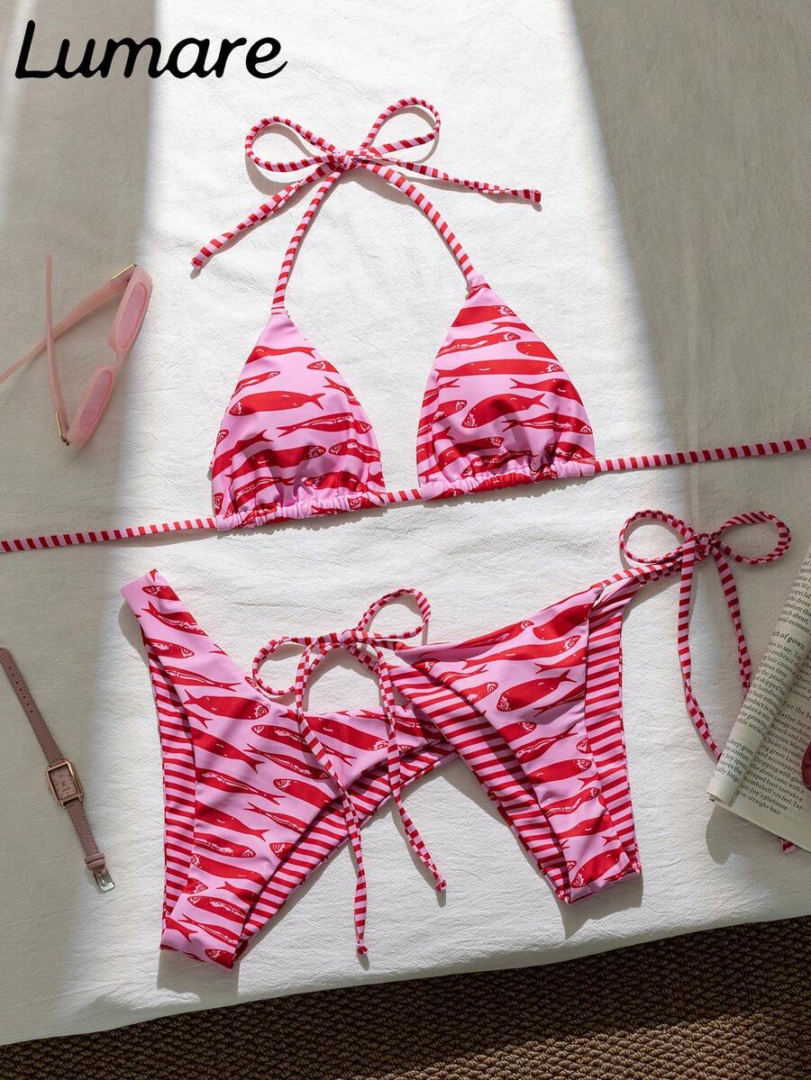 Bộ bikini 3 món mới năm 2026, kiểu dáng thường ngày, gợi cảm, in hình cá, gồm 1 áo quây cổ yếm và 2 quần bơi cạp cao buộc dây bên hông, chất liệu co giãn vừa phải, thích hợp cho kỳ nghỉ, bãi biển, các hoạt động bên hồ bơi, tiệc bãi biển, mùa hè. - Nhiều màu - Xem 1