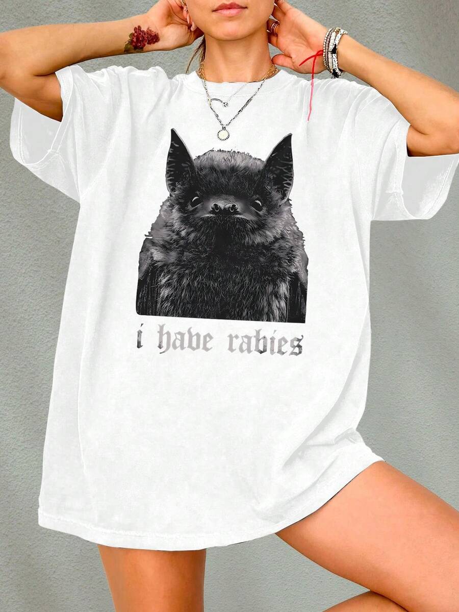 大尺碼白色休閒夏季T恤,印有「I Have Rabies」蝙蝠圖案,適合日常穿著,送給她的禮物 - 白色 - 查看 1
