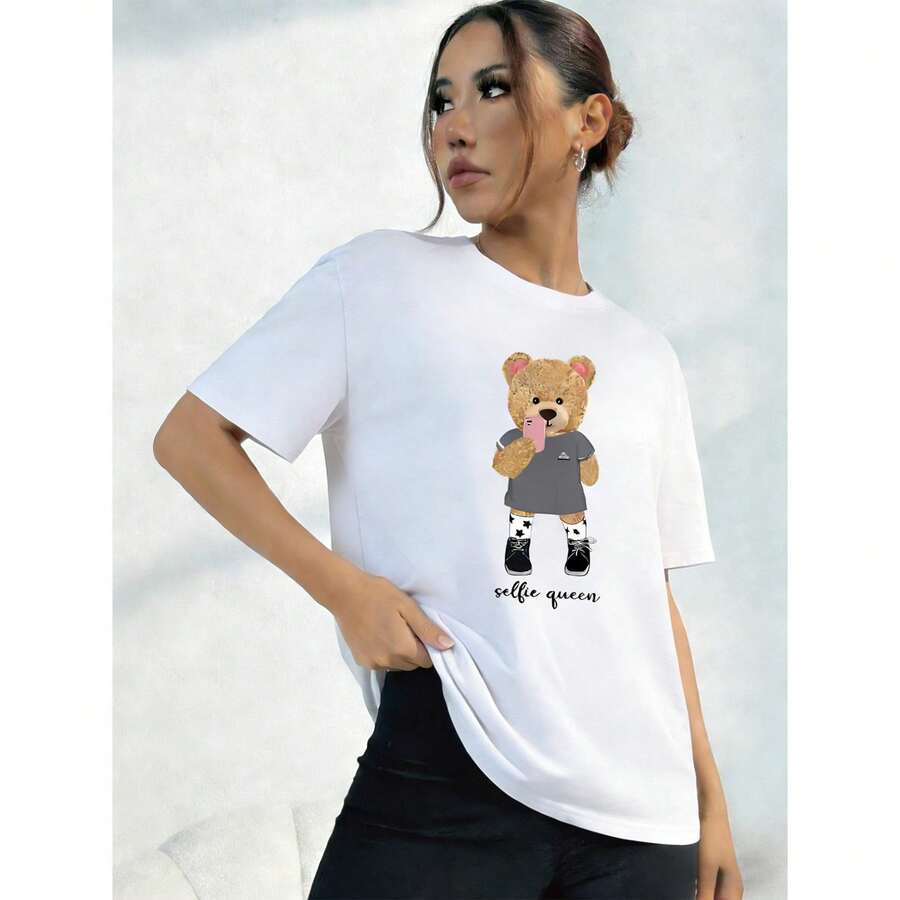 Camiseta con Oso de dibujos animados Estampado gráfico y letras decorativas - [Blanco] - Ver 1