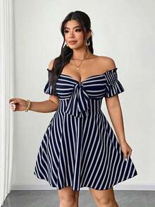 Elenzya Vestido casual de cambio de manga corta a rayas de talla grande, de moda para ir y venir - Azul marino - Ver 5