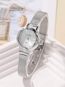 4PCS Luxury Style Women's Watch Set, Including A Mesh Strap Silver Watch With Diamonds, A Heart-Shaped Open Bracelet, A Tennis Chain Bracelet, And An Infinity Symbol Bracelet. The Watch Features A Silver Mesh Strap Paired With A Polka Dot Dial, Offering A Delicate Design That Exudes A Gentle Temperament; The Jewelry From The Same Series Incorporates Heart And Infinity Symbol Designs - Silver - View 4