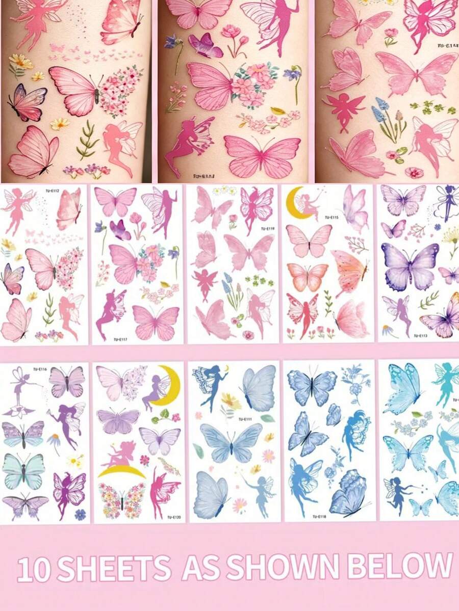 10 Sheets Butterfly Fairy Temporary Tattoos For Girls - Vibrant Colorful Butterfly Designs With Floral & Star Accents, High Quality Body Art For Birthday Parties, Fairy-Themed Events, Festivals - Easy Apply &, No Residue, Party Accessories, Whimsical Tattoos, Easyremove Tattoos, Festival Accessories, Fairythemed Decor, Body Art, Festival Goers, Lightweight Material, Festival Attendees - Multicolor - View 1