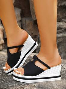 Giày sandal cao gót nữ mùa hè 2026 mới, dép lê nữ, giày nữ đa năng, sandal ngoài trời, sandal đi biển, sandal đen trắng, sandal đế xuồng, sandal đế xuồng - màu đen - Xem 2