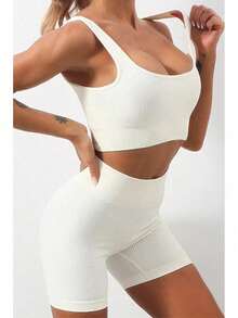 Workout Sets For Women 2 Piece Seamless Ribbed Crop Tank High Waist Shorts Yoga Outfits - White - View 2