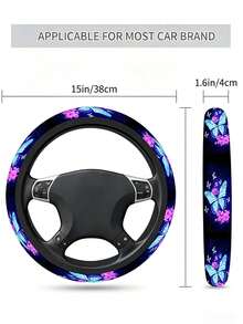 Blue Butterfly Pattern Steering Wheel Cover, Universal Fit For 14-15 Inch Vehicles, Anti-Slip Breathable Soft Grip, Fashionable Car Interior Decor - Multicolor - View 7