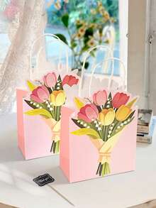 5个/1个清新INS风粉色郁金香花卉礼品袋，少女粉嫩美学高品质包装袋，浪漫法式乡村风奢华礼品包装，简约柔和氛围礼品包装袋，3D打印设计，舒适提手，厚实耐用的白色纸板材质，可重复使用，适用于母亲节、生日、妇女节、闺蜜礼物、婚礼、单身派对、派对回礼等多种场合。 - 多色 - 查看 8