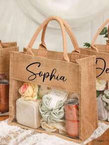 1pc Custom Tote Bag, Linen Material, Semi-Transparent Storage Handbag, Personalized Purse, Beach Bag. Customized Bridesmaid Tote Bag, Proposal Tote Bag Made Of Jute And PVC, Bridesmaid Gift Bag, Letter Tote Bag, Bachelorette Party Gift Bag, Beach Tote Bag, Suitable For Weddings, Travel, Father's Day, Mother's Day, Graduation Gifts, Etc. Suitable As A Gift For Women, Mothers, Wives And Friends, Portable, Multifunctional And Practical - Multicolor - View 7