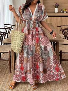 Weeklong Vestido de mujer talla grande con cuello en V profundo y estampado aleatorio - Multicolor 6 - Ver 6