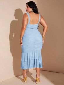 Vestido midi ajustado con cuello en V, volantes y pliegues para mujer de talla grande, vestido de fiesta para vacaciones - Verde - Ver 9