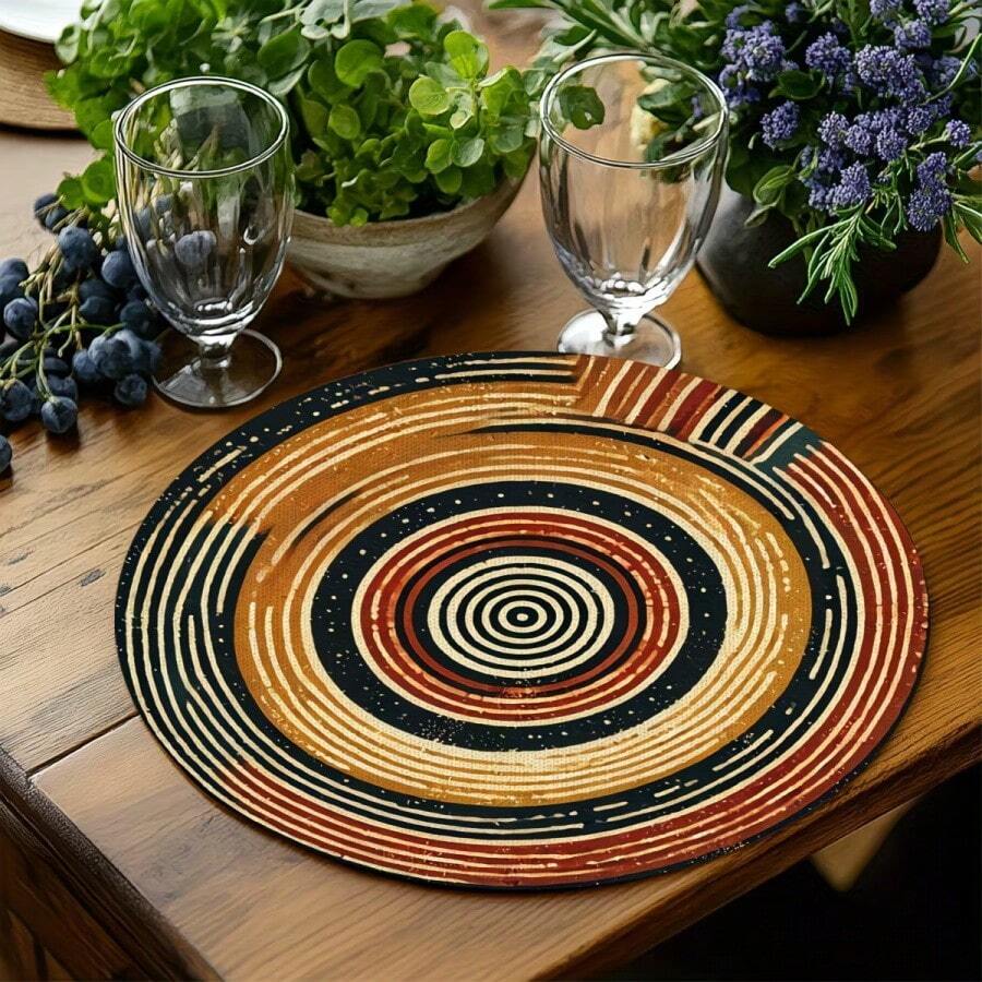 Set med 1/2/4/6/8/300 runda bordsunderlägg med 36 cm diameter, designade med retro koncentriskt cirkelmönster och vävt brunt beige gradientspiralmönster, tjockt slitstarkt tyg