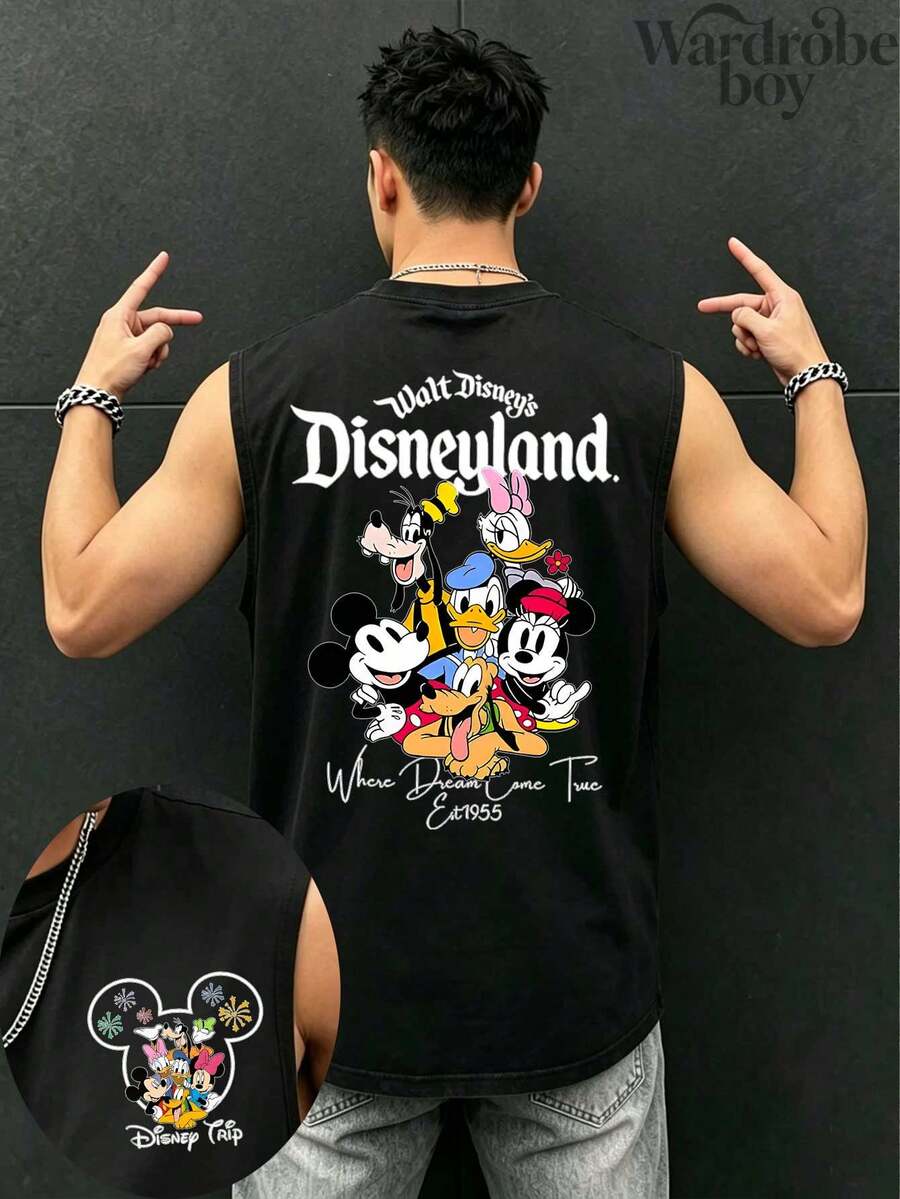 Disney Licensed Men's Sleeveless Printed Vest, Featuring A Large Group Photo Print Of The Mickey Mouse Family, Suitable For Both Men And Women, High-Quality Vest, Suitable For All Seasons, Comfortable And Breathable, Exquisite Design, The Best Choice For Gifts - 黑色 - 查看 1