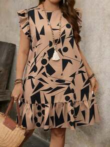 Vestido smock con cuello redondo, mangas cortas, volantes y estampado tropical de plantas para mujer talla grande, vestido casual de vacaciones, vestido bohemio, vestido de Pascua, conjunto de verano para mujer - Caqui - Ver 11