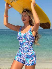 Conjunto de baño dos piezas para mujer, top liso azul marino y shorts con estampado tropical, ideal para playa, piscina y vacaciones de verano - Multicolor 6 - Ver 6