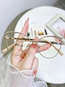 1 Pair Of Women's Retro Cat-Eye Rhinestone-Embellished Metal Frame Stylish Lightweight Glasses, Suitable For Daily Reading And Commuting - Multicolor - View 8