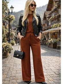 Women's Comfy Autumn/Winter Set: Wide-Leg Pants, High-Waisted With Elastic Waistband, And Woolen Blouse - Camel - View 6