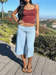 Fold Over Wide Leg Capri Pants For Women Low Rise Lounge Yoga Flare Culottes Y2k Flowy Crop Palazzo Pants - Màu xanh lam - Xem 2